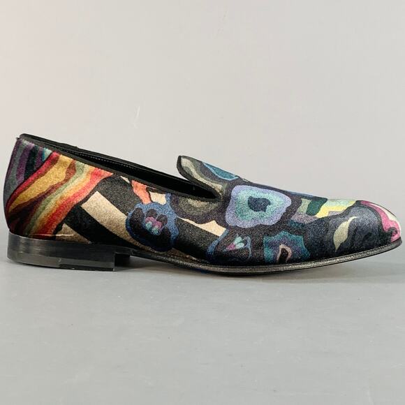PAUL SMITH Size 8 Black Multi Color Abstract Print Velvet Slip On Loafers main image 7
